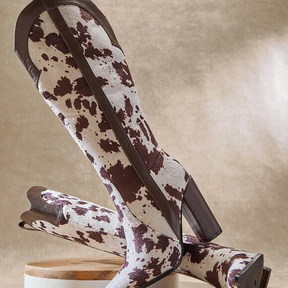 Multicolor Casual Women's Block Heel Snip Toe Cow Print Tall Western Boots - Picture 7 of 7